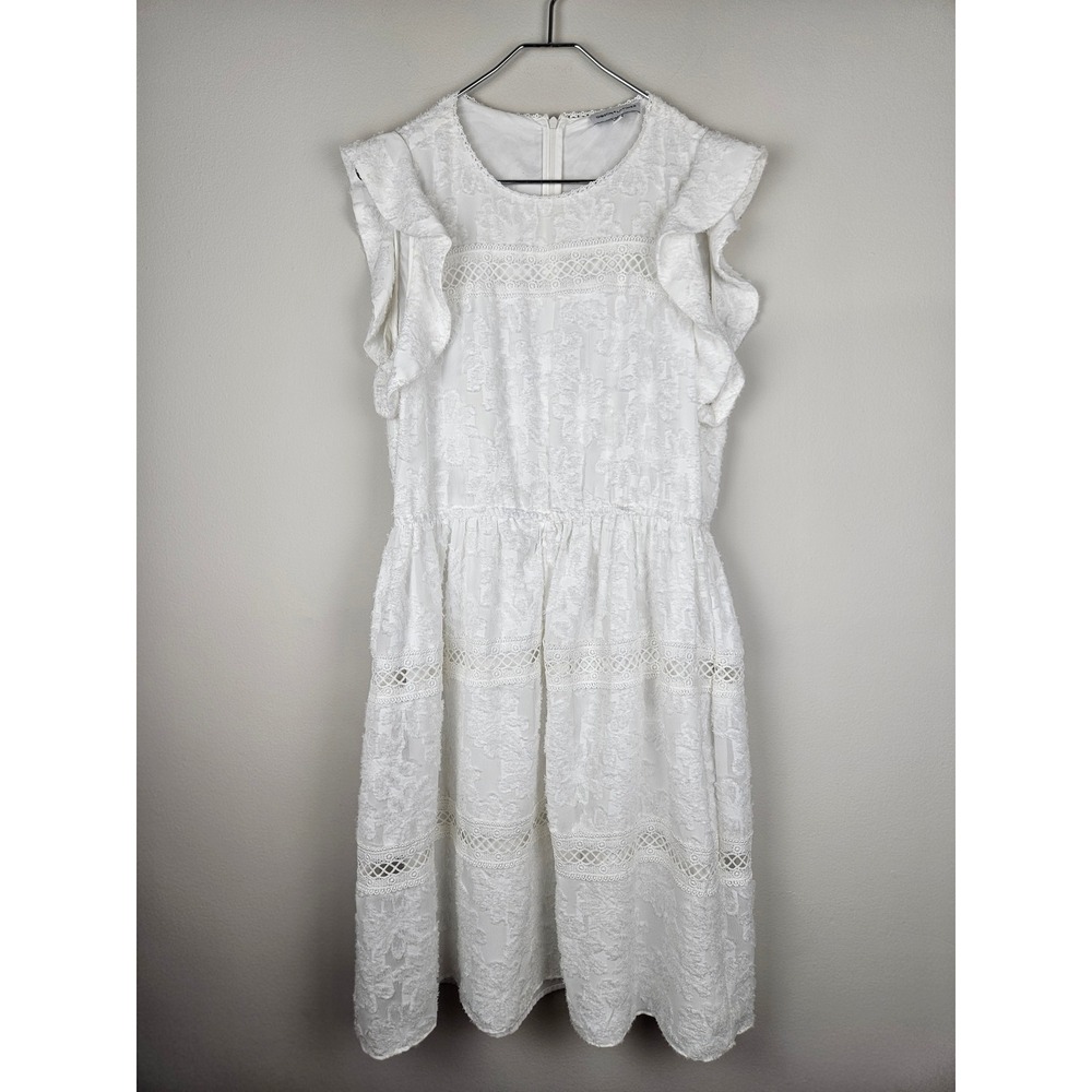 Gibson Latimer Womens White Textured Floral Flutter Sleeve Lace Trim Dress M